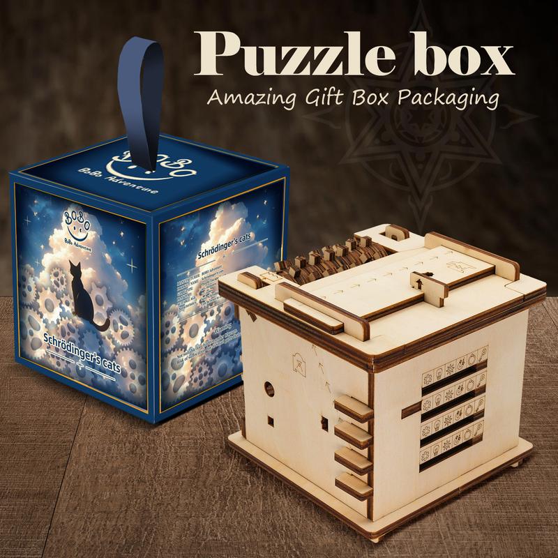 BoBo Adventure Wooden Puzzle Box - Schrödinger's Cat Cluebox - 3D Escape Room Game for Adults - Unique Brain Teaser & Treasure Box - Wooden Money Holder, Perfect Birthday Gift for Men and Women