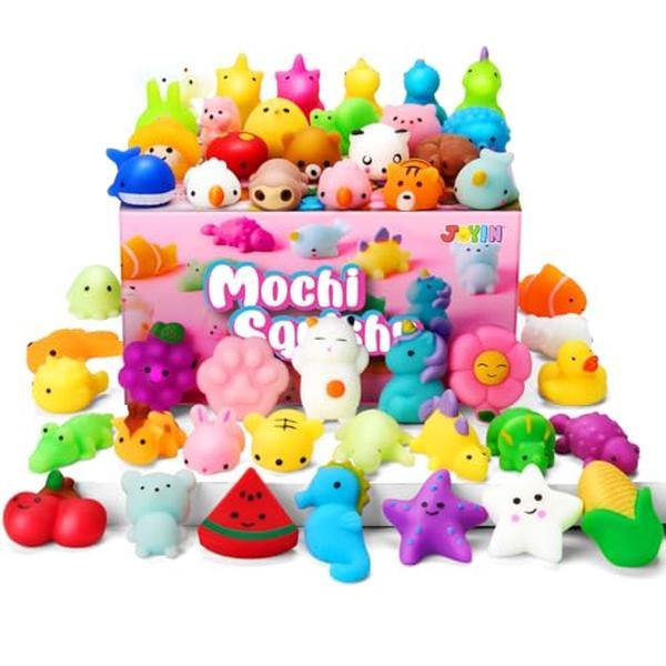 JOYIN Mochi Squishy Toys Set, Random 25 Pack Mini Mochi Party Favors for Kids, Kawaii Squishy Toy Stress Relief Toys, Goodie Bags Fillers with Storage Box, Classroom Prizes