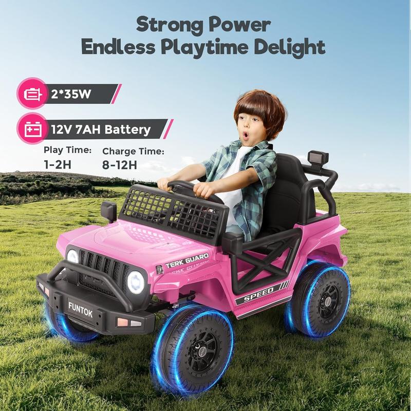 Funtok Upgraded 12V 7AH Electric Car for Kids, Ride On Truck Car w Parent Remote Control, 3 Speeds, Spring Suspension, LED Lights, USB, Bluetooth, Kids' Electric Vehicles to Drive