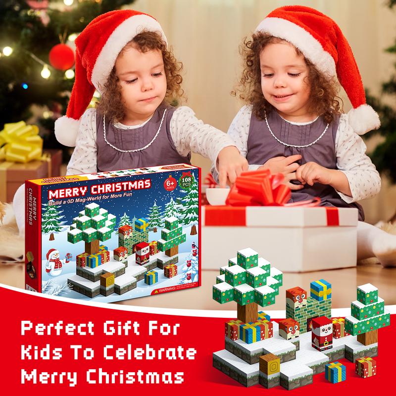 108 PCS Magnetic Building Blocks Toy Set, 3D Creative Building Blocks, Kids STEM Sensory Toys, Educational Christmas Theme Building Blocks Decoration, Ideal Birthday Christmas Gift for Boys Girls