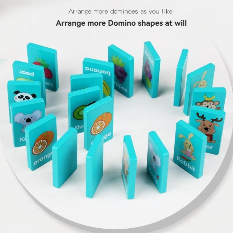 Wooden 4 in 1 Dominoes Game, Fruit & Animal Pattern Matching Memory Chess, Educational Toy for Kids, Interactive Game for Parents & Kids