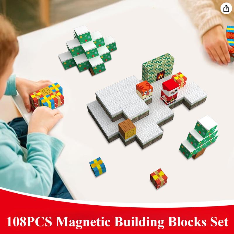 108 PCS Magnetic Building Blocks Toy Set, 3D Creative Building Blocks, Kids STEM Sensory Toys, Educational Christmas Theme Building Blocks Decoration, Ideal Birthday Christmas Gift for Boys Girls