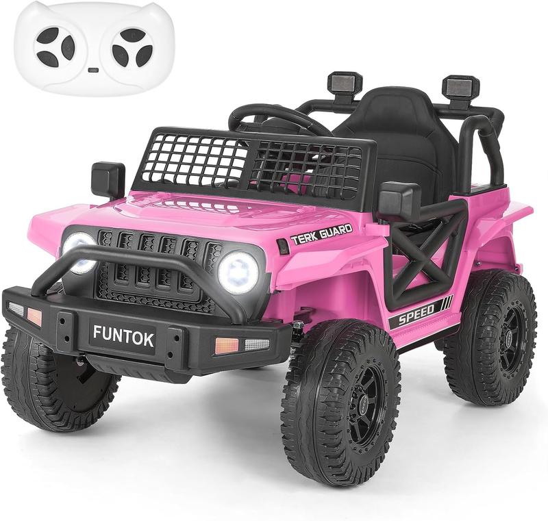 Funtok Upgraded 12V 7AH Electric Car for Kids, Ride On Truck Car w Parent Remote Control, 3 Speeds, Spring Suspension, LED Lights, USB, Bluetooth, Kids' Electric Vehicles to Drive