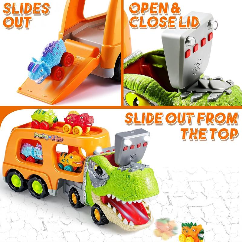 Dinosaur Truck Toy 6 Soft Rubber Dinosaur Car Vehicles w Music & Roaring Sound, Flashing Lights, Mini Dinosaur Car Playset For Boys Toy