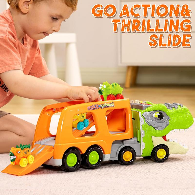 Dinosaur Truck Toy 6 Soft Rubber Dinosaur Car Vehicles w Music & Roaring Sound, Flashing Lights, Mini Dinosaur Car Playset For Boys Toy