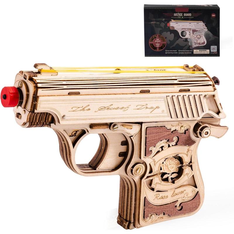 Robotime Rokr 3D Wooden Puzzles, Rubber Band Gun LQ502, Mini Gun Model Craft Kit, Mechanical Model Puzzle, Unique Gift for Adult Teen LQ502