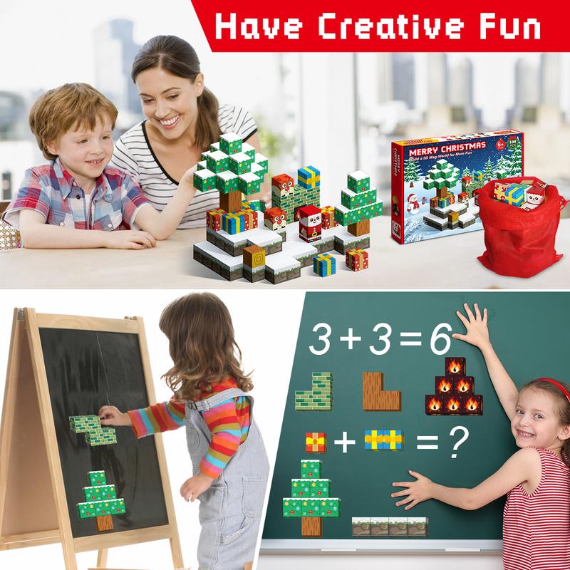 108 PCS Magnetic Building Blocks Toy Set, 3D Creative Building Blocks, Kids STEM Sensory Toys, Educational Christmas Theme Building Blocks Decoration, Ideal Birthday Christmas Gift for Boys Girls