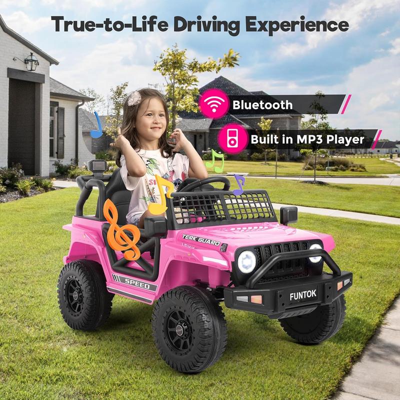 Funtok Upgraded 12V 7AH Electric Car for Kids, Ride On Truck Car w Parent Remote Control, 3 Speeds, Spring Suspension, LED Lights, USB, Bluetooth, Kids' Electric Vehicles to Drive