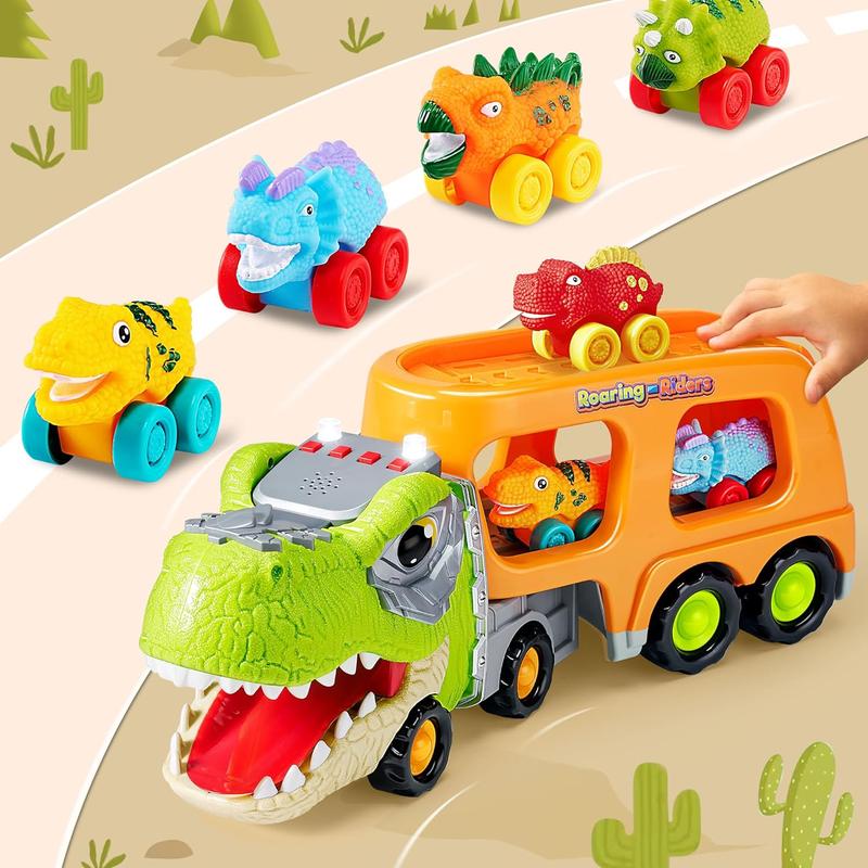 Dinosaur Truck Toy 6 Soft Rubber Dinosaur Car Vehicles w Music & Roaring Sound, Flashing Lights, Mini Dinosaur Car Playset For Boys Toy