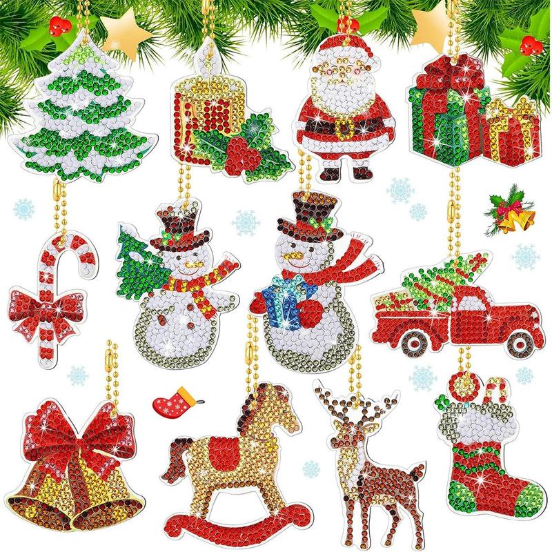 Christmas Cartoon Series Diamond Arts Colorful Painting Kit, 12pcs set DIY Diamond Arts Painting Keychain, DIY Decorative Pendant for Bag, Car, Phone, Computer