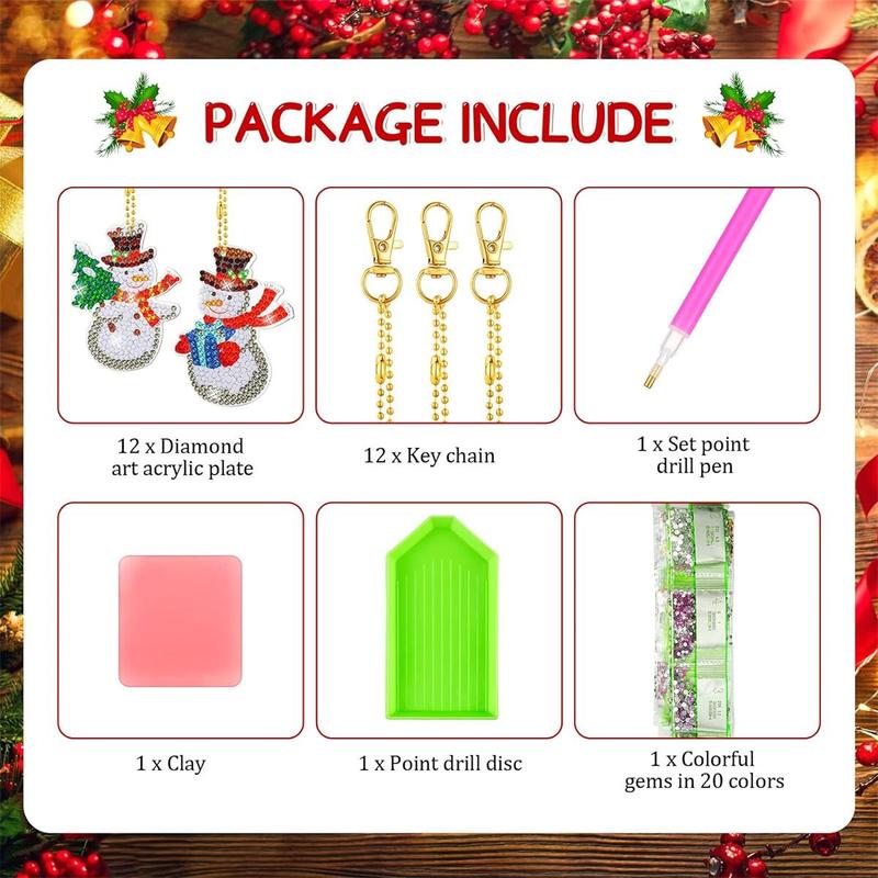 Christmas Cartoon Series Diamond Arts Colorful Painting Kit, 12pcs set DIY Diamond Arts Painting Keychain, DIY Decorative Pendant for Bag, Car, Phone, Computer