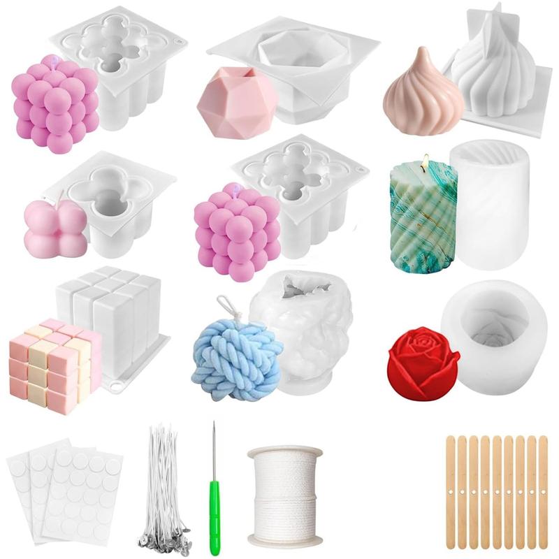 Silicone Candle Mold Set, 1 Set Geometric & Flower Shaped Candle Making Molds with Candle Making Tools, DIY Candle Making Supplies