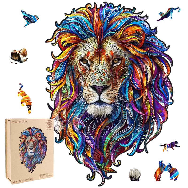 Mother Lion Mys Aurora Wooden Jigsaw Puzzle for Kids and Adults 200 Pcs Unique Shape Nice Box Packing Fun Challenging Brain Exercise Family Game Creative Gift for Friends Parents Grandparents Multicoloured