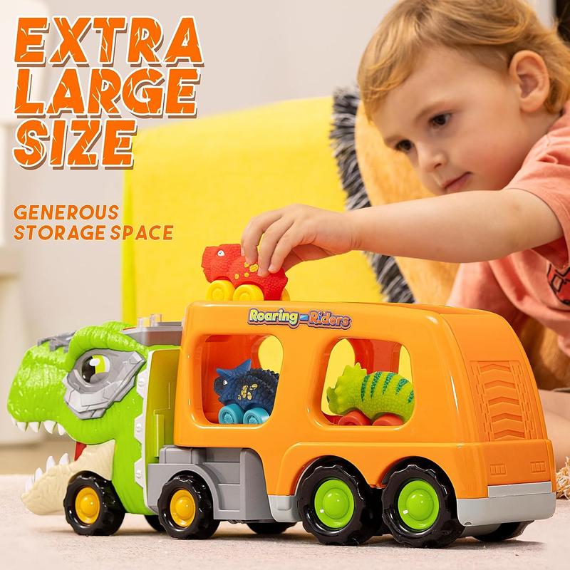 Dinosaur Truck Toy 6 Soft Rubber Dinosaur Car Vehicles w Music & Roaring Sound, Flashing Lights, Mini Dinosaur Car Playset For Boys Toy