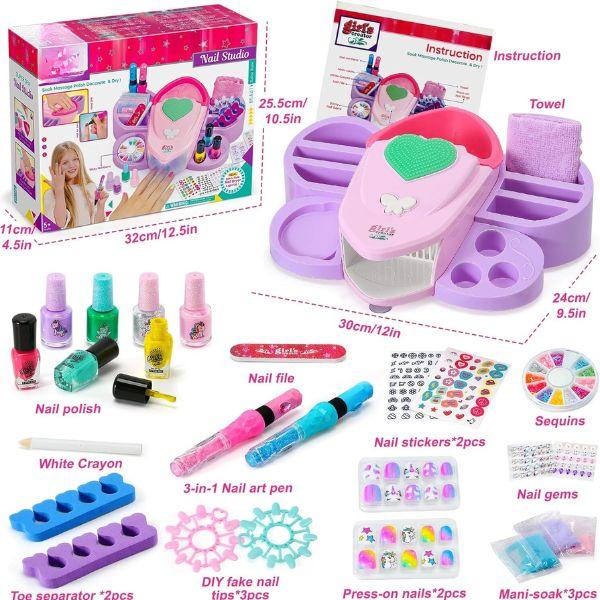 Christmas Kids Nail Polish Set for Girls Toy 6-12 Years Old, Nail Art Kit Storage Desk with Nail Dryer&Hand Massage Spa Kit, Kid Manicure Salon Studio Stuff Christmas Birthday Gift Girl