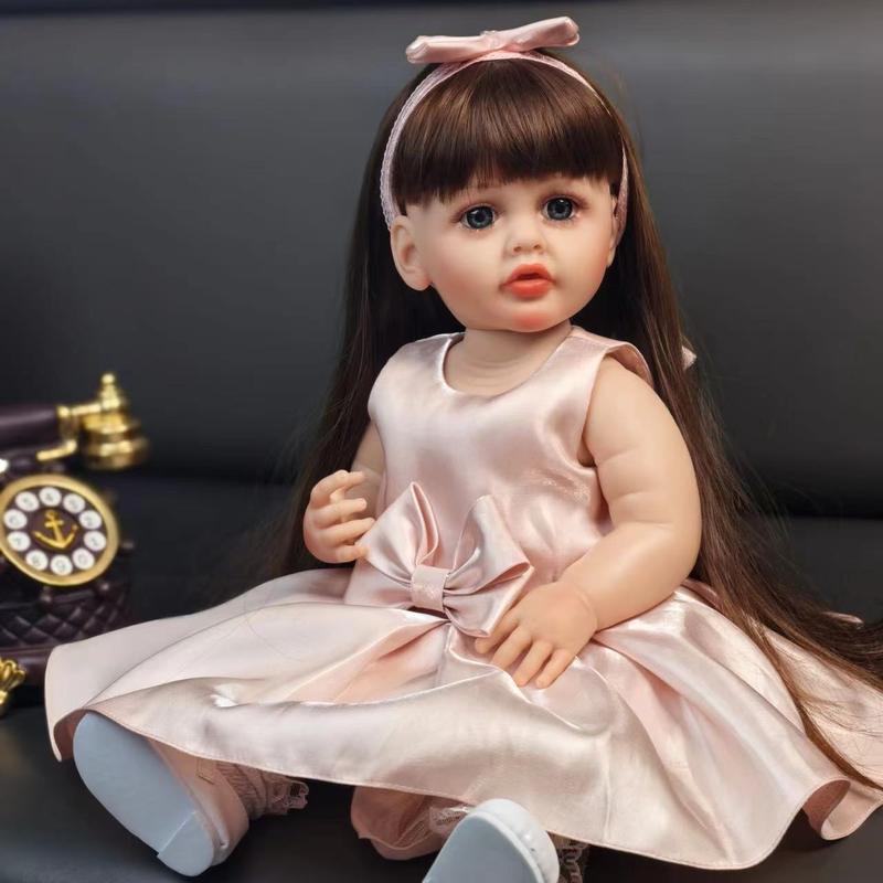 MADOLL Halloween Decoration 21.65inch Reborn Doll Brown Long Hair Girl Full Enamel Realistic Simulation Youngsters's Doll, Send 2pcs of Clothing DIY Dress-up Toy Youngsters's Playmate Christmas Birthday Gift