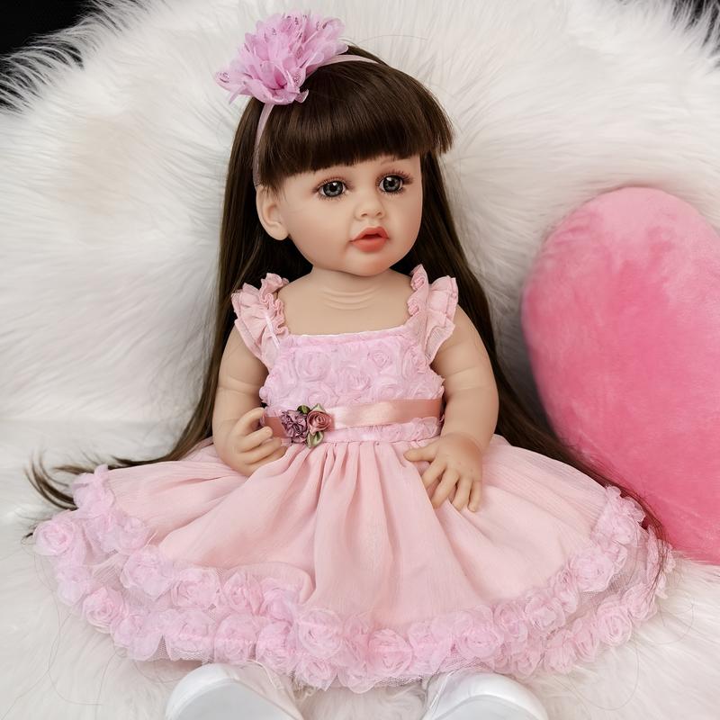 KEIUMI Reborn Baby Dolls Girl 22 Inch Full Silicone Vinyl Waterproof Baby Doll For 3+years Old Kids Birthday XMAS Gifts, Long Hair, Blue Eyes, Wear Pink Dress Doll Toy