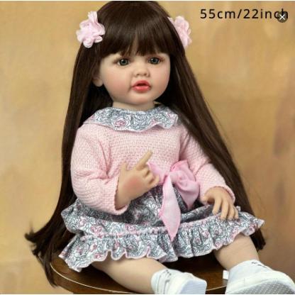 MADOLL Halloween Decoration 21.65inch Reborn Doll Brown Long Hair Girl Full Enamel Realistic Simulation Youngsters's Doll, Send 2pcs of Clothing DIY Dress-up Toy Youngsters's Playmate Christmas Birthday Gift