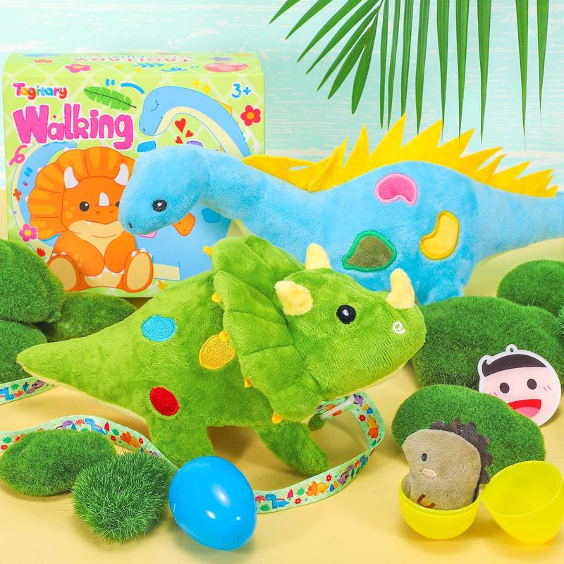 Plush Toys Dinosaur Stuffed Interactive Electronic Pet That Walking,Head Nodding,and Making Sound,Soft Plush Triceratops Toys with Egg and Leash