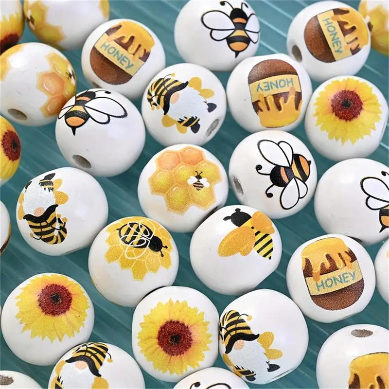 Cartoon Random Style Wooden Bead (20 30pcs), 16mm Honey Pattern Wooden Bead Art Set, DIY Craft Supplies for Jewelry Making, Keychain Making, Bracelet Making, Scrapbooking