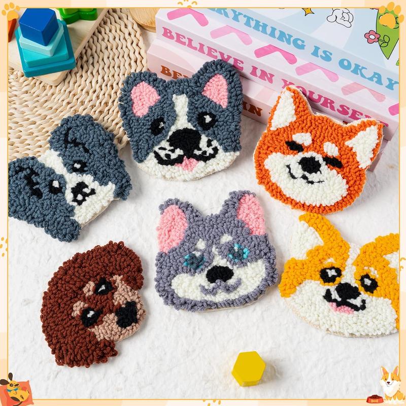 Puppy Punch Needle Coaster Craft Kit - 6 Dog Patterns for DIY Embroidery, Felt Coasters for Beginners with Tools, Adhesive Yarns, and Instructions