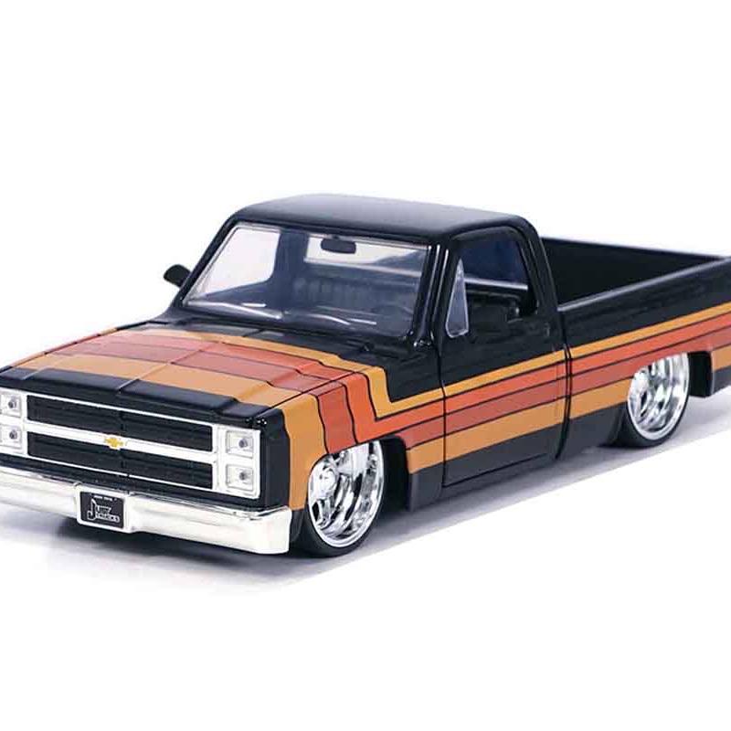 Jada 1:24 1985 Chevrolet C10 Pickup with Paradox Wheels – Black w  Stripes – Just Trucks – Limited Edition 2,400