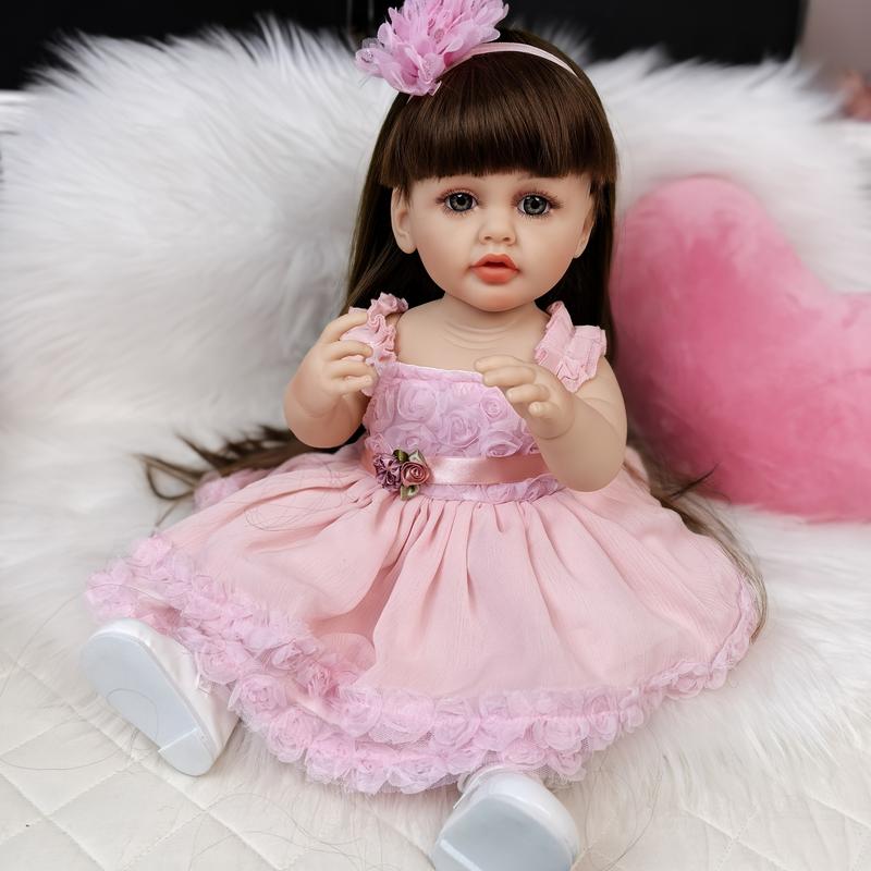 KEIUMI Reborn Baby Dolls Girl 22 Inch Full Silicone Vinyl Waterproof Baby Doll For 3+years Old Kids Birthday XMAS Gifts, Long Hair, Blue Eyes, Wear Pink Dress Doll Toy