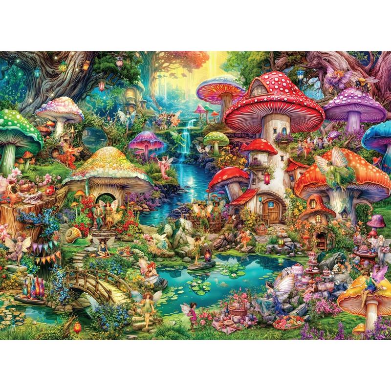 Happy Mushroom Village Picnic -1000 Perfect Puzzles for Adult Puzzle Challenge Game Night - Completed puzzle sizes of 26.75 x 19.75