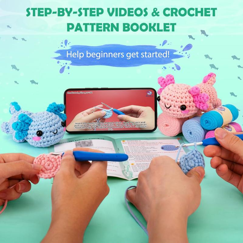 Crochet Kit for Beginner, Crochet Starter Kit w Step-by-Step Video Tutorials, Crochet Kit for Beginners, Beginner Crochet Kit for Adults  Women Men Complete Kit Included (Axolotl 2Pack)