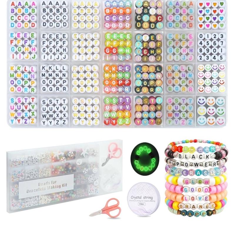 1400pcs 6 Colors Alphabet Beads for Jewelry Making Kit with Letter, Number, Heart and Smiley Face Beads for Bracelets Making