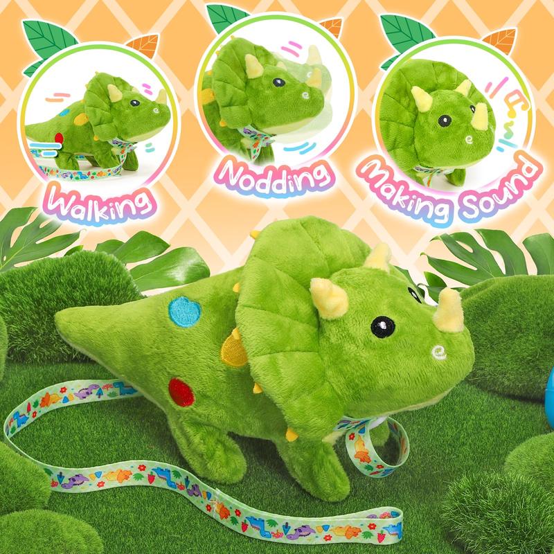 Plush Toys Dinosaur Stuffed Interactive Electronic Pet That Walking,Head Nodding,and Making Sound,Soft Plush Triceratops Toys with Egg and Leash