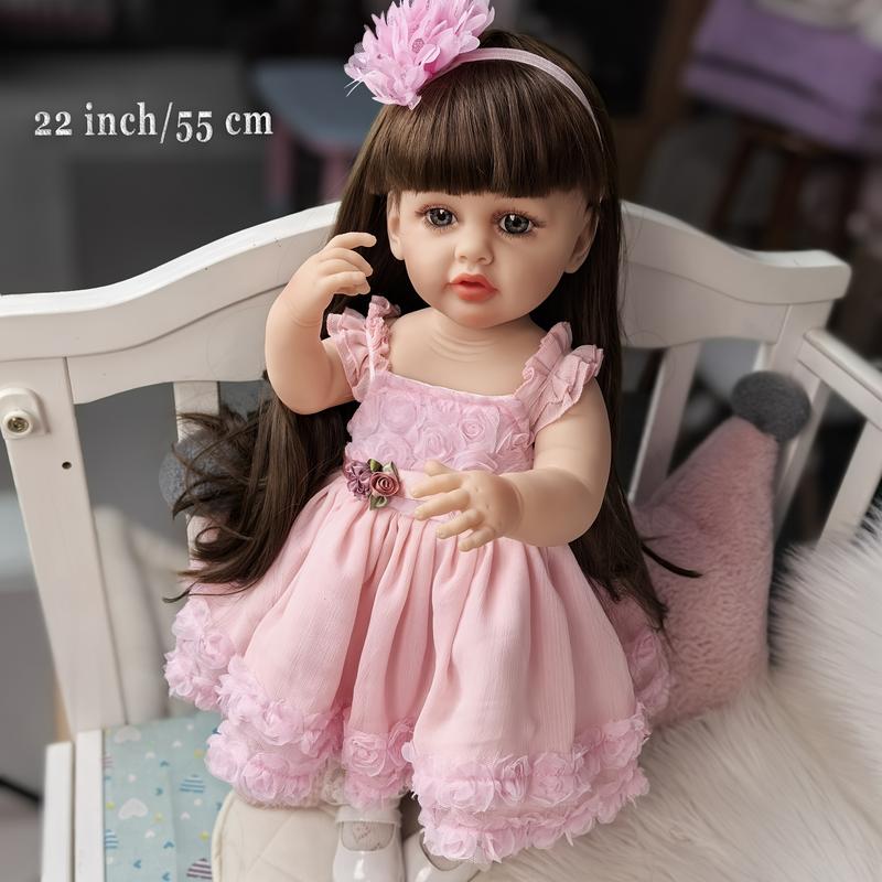 KEIUMI Reborn Baby Dolls Girl 22 Inch Full Silicone Vinyl Waterproof Baby Doll For 3+years Old Kids Birthday XMAS Gifts, Long Hair, Blue Eyes, Wear Pink Dress Doll Toy