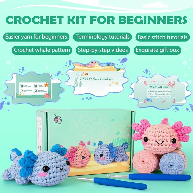 Crochet Kit for Beginner, Crochet Starter Kit w Step-by-Step Video Tutorials, Crochet Kit for Beginners, Beginner Crochet Kit for Adults  Women Men Complete Kit Included (Axolotl 2Pack)