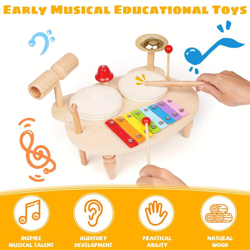 Drum Set For Kids, Music Instruments Toy, All In One Xylophone Wooden Music Toy Kit, Musical Table Educational Percussion Xylophone Sensory Toys For Kids