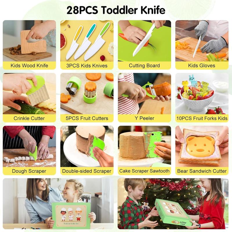 28P cs Toddler Knife Set - Kids Knifes for Real Cooking, Montessori Kids Kitchen Knife Set with Cutting Board Crinkle Cutters Kid Safe Knives, Toddlers Kitchen Tools for Age 4-10 Year Old Girl Boy