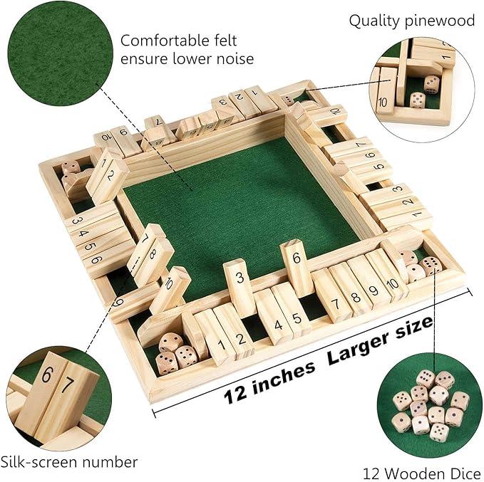 Shut The Box Dice Game,2-4 Player Family Wooden Board Table Math Games for Adults and Kids, 8 Dices Classics Tabletop Version Games for Classroom,Home,Party or Pub