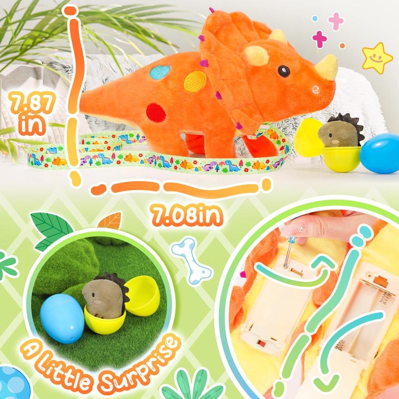 Plush Toys Dinosaur Stuffed Interactive Electronic Pet That Walking,Head Nodding,and Making Sound,Soft Plush Triceratops Toys with Egg and Leash