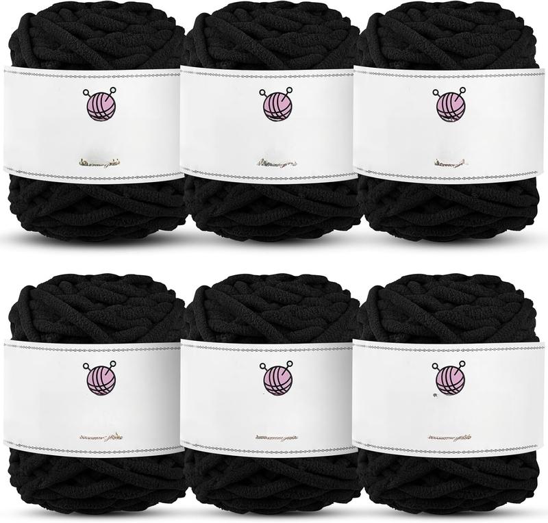 Chenille Fluffy Yarn, Thick Chunky Blanket Yarn for Crocheting Plush Soft Yarn for Knitting Blanket DIY Christmas Gifts, 6 Pack 100g Each 3.5 oz 55 Yards(Black)