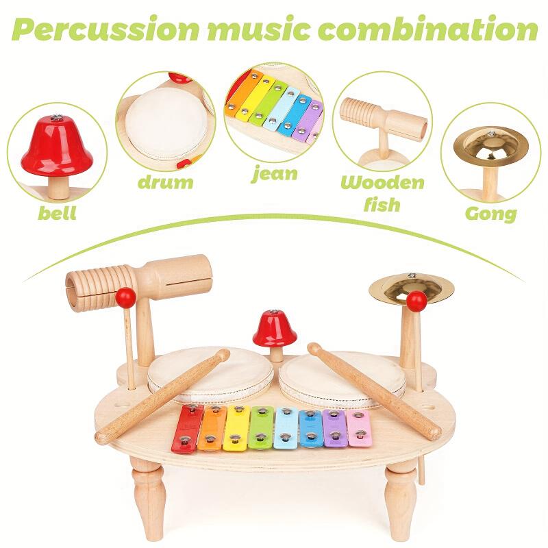 Drum Set For Kids, Music Instruments Toy, All In One Xylophone Wooden Music Toy Kit, Musical Table Educational Percussion Xylophone Sensory Toys For Kids