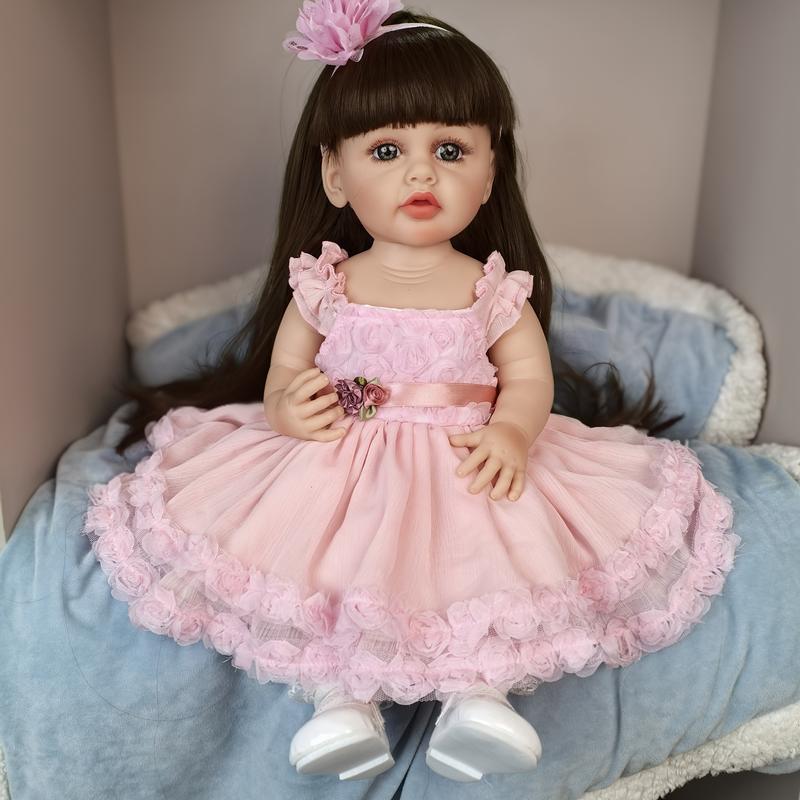 KEIUMI Reborn Baby Dolls Girl 22 Inch Full Silicone Vinyl Waterproof Baby Doll For 3+years Old Kids Birthday XMAS Gifts, Long Hair, Blue Eyes, Wear Pink Dress Doll Toy