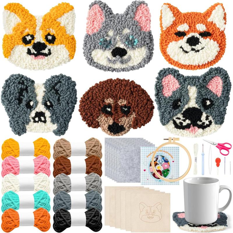 Puppy Punch Needle Coaster Craft Kit - 6 Dog Patterns for DIY Embroidery, Felt Coasters for Beginners with Tools, Adhesive Yarns, and Instructions