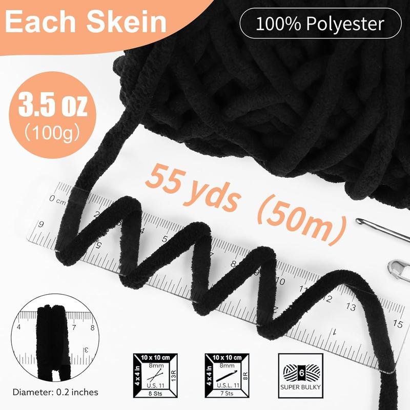 Chenille Fluffy Yarn, Thick Chunky Blanket Yarn for Crocheting Plush Soft Yarn for Knitting Blanket DIY Christmas Gifts, 6 Pack 100g Each 3.5 oz 55 Yards(Black)