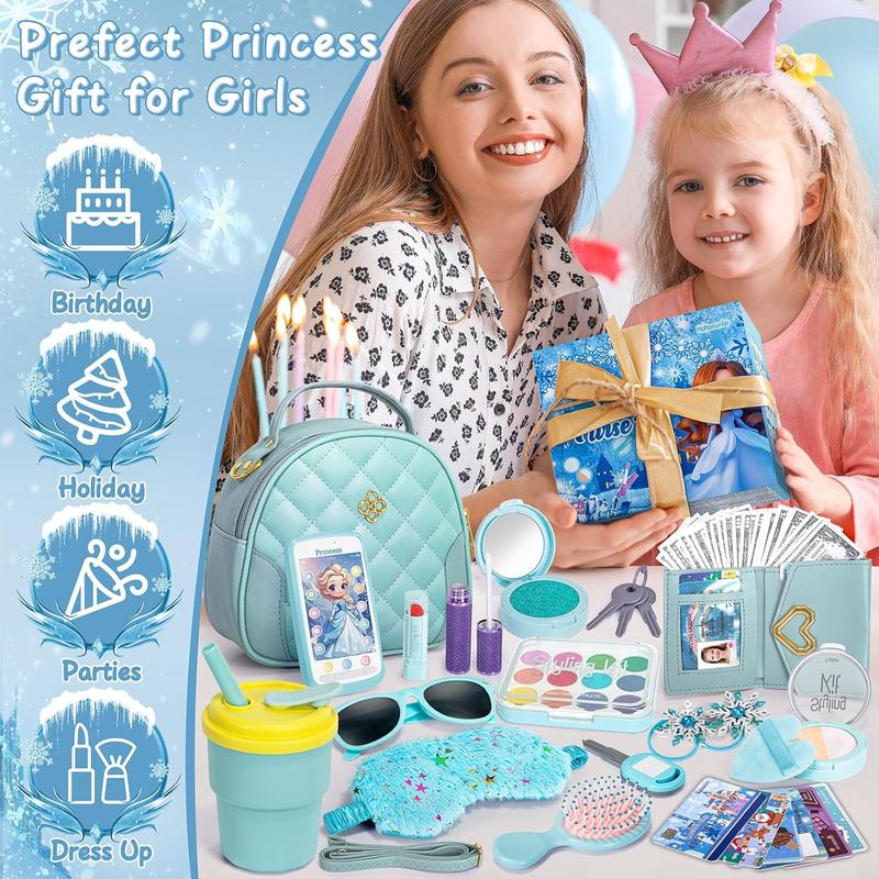 Christmas gift Play Purse for Little Girl, Princess Frozen Toy Purse with Accessories, Pretend Makeup Set, Handbag, Wallet, Water Bottle, Birthday Toy for Girl 3 4 5 6 7 8 Year Old