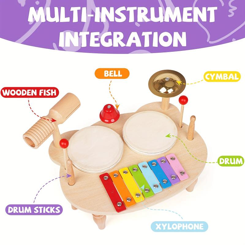 Drum Set For Kids, Music Instruments Toy, All In One Xylophone Wooden Music Toy Kit, Musical Table Educational Percussion Xylophone Sensory Toys For Kids