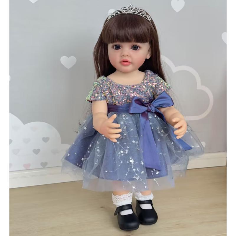 MADOLL Halloween Decoration 21.65inch Reborn Doll Brown Long Hair Girl Full Enamel Realistic Simulation Youngsters's Doll, Send 2pcs of Clothing DIY Dress-up Toy Youngsters's Playmate Christmas Birthday Gift