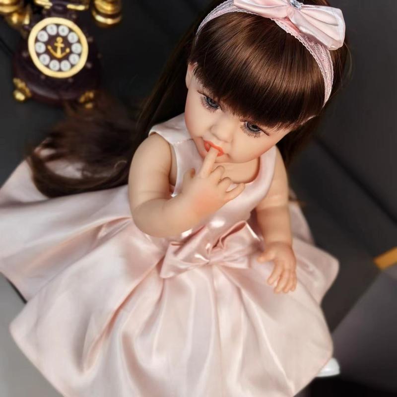 MADOLL Halloween Decoration 21.65inch Reborn Doll Brown Long Hair Girl Full Enamel Realistic Simulation Youngsters's Doll, Send 2pcs of Clothing DIY Dress-up Toy Youngsters's Playmate Christmas Birthday Gift