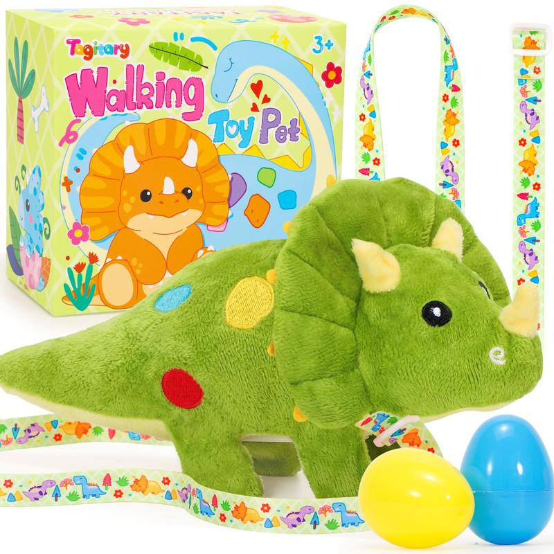 Plush Toys Dinosaur Stuffed Interactive Electronic Pet That Walking,Head Nodding,and Making Sound,Soft Plush Triceratops Toys with Egg and Leash