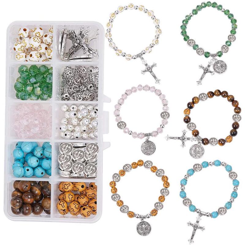 276Pcs Rosary Bracelet Making Kit – Cross Charms and Beads DIY Kit with Synthetic Turquoise Beads, Adjustable Stretch Bracelets, and Step-by-Step Instructions for Crafting