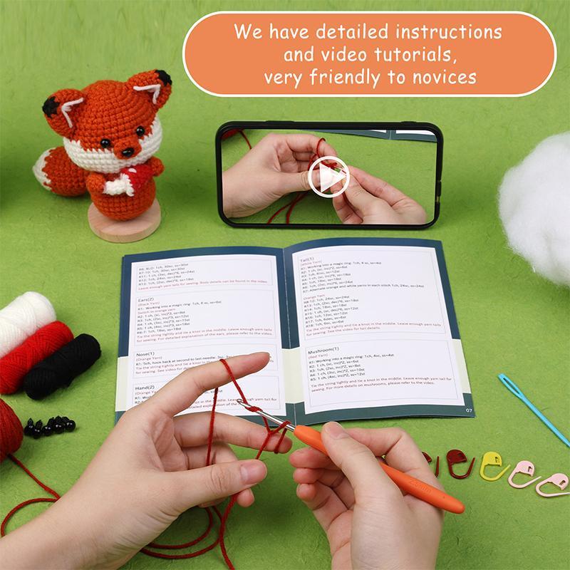 Fox Crochet Kit, 1 Set Crochet Starter Kit with Video Tutorial & Accessories, DIY Crochet Kit for Beginners, Crochet Accessories for Adults