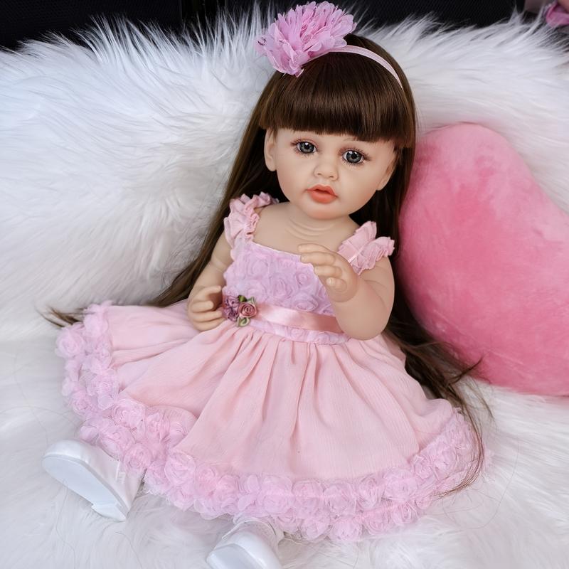 KEIUMI Reborn Baby Dolls Girl 22 Inch Full Silicone Vinyl Waterproof Baby Doll For 3+years Old Kids Birthday XMAS Gifts, Long Hair, Blue Eyes, Wear Pink Dress Doll Toy